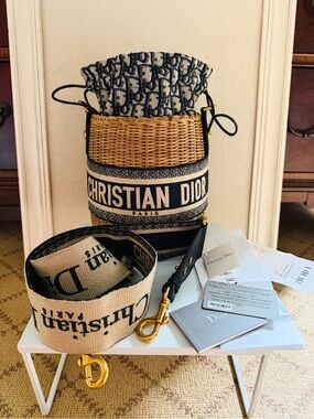 Christian Dior Oblique Wicker Raffia Bucket Shoulder Bag NWT